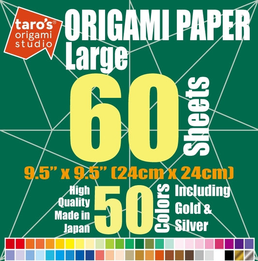 Large size 9.5 inch Premium Japanese Origami Paper, 60 Sheets, Single Side 50 Colors Including Gold and Silver by Taro's Origami Studio