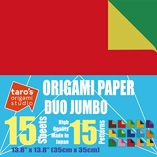 [Taro's Origami Studio] Jumbo Duo (Diffrent Colors On Each Side) Double Sided Standard 13.7 Inch (35 cm) Kami Paper with 15 Color Change Patterns, 15 Sheets (Made in Japan)