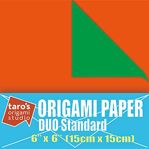 [Taro's Origami Studio] Duo Orange/Green (Diffrent Colors On Each Side) Double Sided Standard 6 Inch (15 cm) Kami Paper with Color Change Patterns, 50 Sheets (Made in Japan)