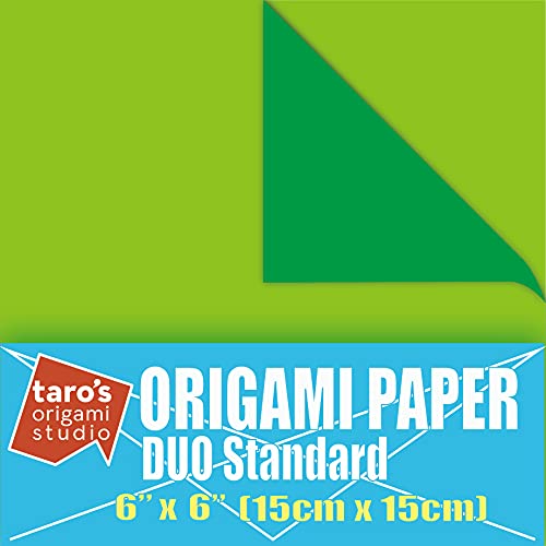 [Taro's Origami Studio] Duo Green/Olive (Diffrent Colors On Each Side) Double Sided Standard 6 Inch (15 cm) Kami Paper with Color Change Patterns, 50 Sheets (Made in Japan)
