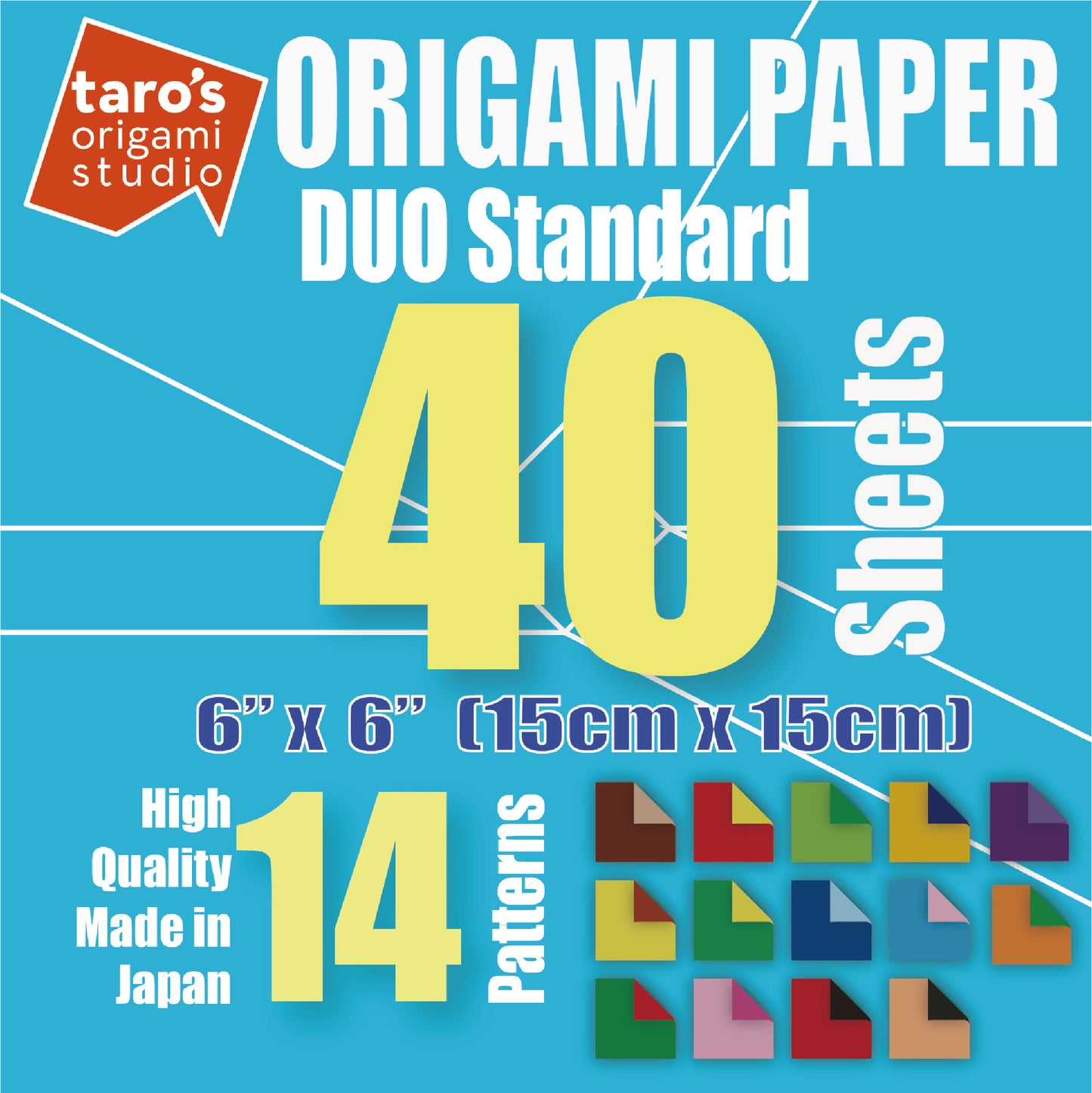 [Taro's Origami Studio] Duo (Diffrent Colors On Each Side) Double Sided Standard 6 Inch (15 cm) Kami Paper with 14 Color Change Patterns, 40 Sheets (Made in Japan)