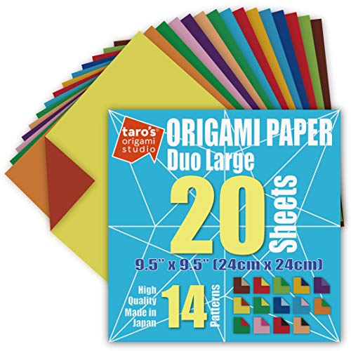 [Taro's Origami Studio] Large Duo (Diffrent Colors On Each Side) Double Sided Standard 9.5 Inch (24 cm) Kami Paper with 14 Color Change Patterns, 20 Sheets (Made in Japan)
