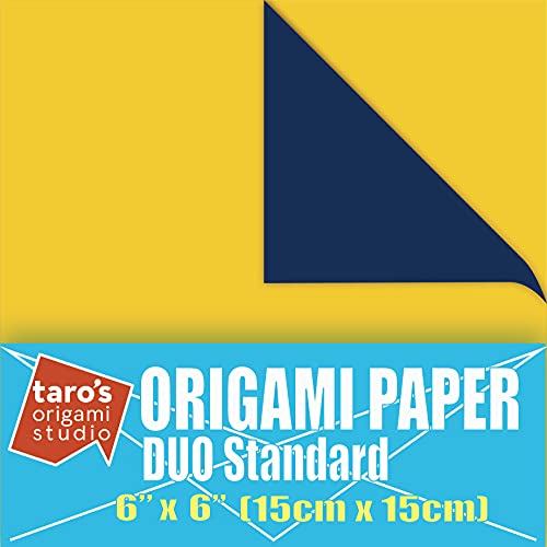 [Taro's Origami Studio] Duo Navy/Golden Yellow (Diffrent Colors On Each Side) Double Sided Standard 6 Inch (15 cm) Kami Paper with Color Change Patterns, 50 Sheets (Made in Japan)