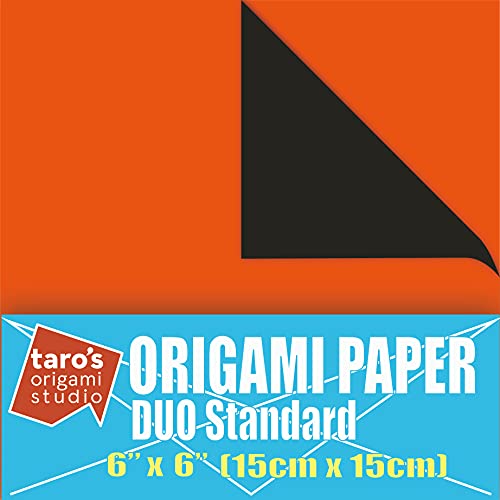 [Taro's Origami Studio] Duo Orange/Black (Diffrent Colors On Each Side) Double Sided Standard 6 Inch (15 cm) Kami Paper with Color Change Patterns, 50 Sheets (Made in Japan)