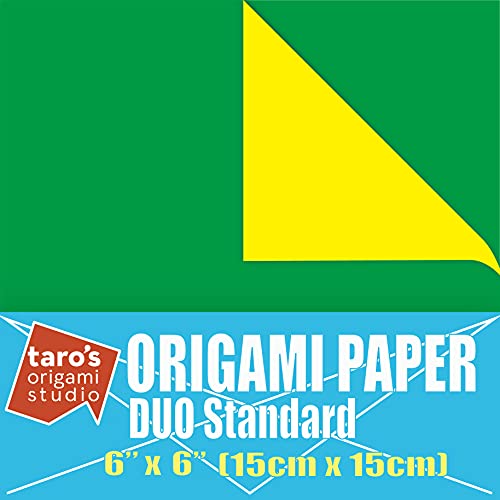 [Taro's Origami Studio] Duo Green/Yellow (Diffrent Colors On Each Side) Double Sided Standard 6 Inch (15 cm) Kami Paper with Color Change Patterns, 50 Sheets (Made in Japan)