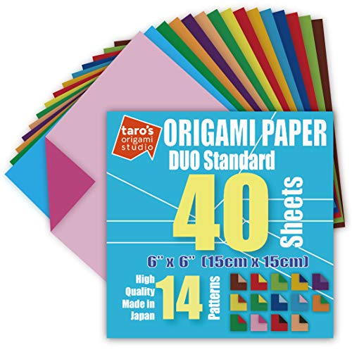 [Taro's Origami Studio] Duo (Diffrent Colors On Each Side) Double Sided Standard 6 Inch (15 cm) Kami Paper with 14 Color Change Patterns, 40 Sheets (Made in Japan)