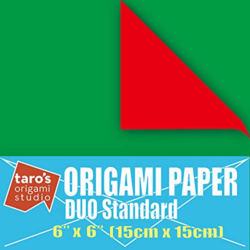 [Taro's Origami Studio] Duo Red/Green (Diffrent Colors On Each Side) Double Sided Standard 6 Inch (15 cm) Kami Paper with Color Change Patterns, 50 Sheets (Made in Japan)