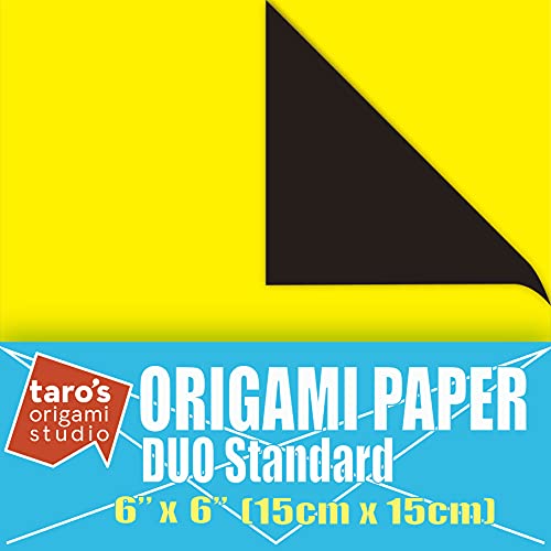 [Taro's Origami Studio] Duo Black/Yellow (Diffrent Colors On Each Side) Double Sided Standard 6 Inch (15 cm) Kami Paper with Color Change Patterns, 50 Sheets (Made in Japan)